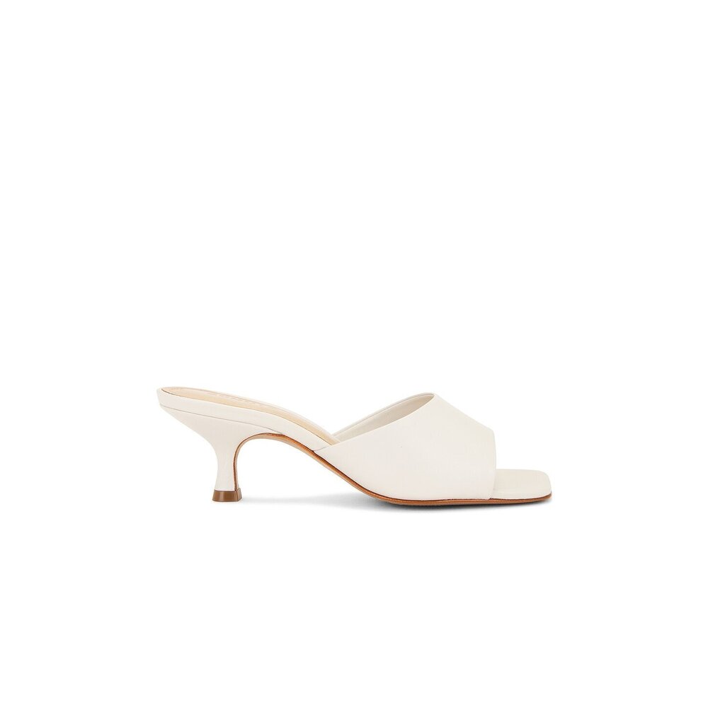 Schutz Dethalia Sandal in Pearl white cream square open toe kittenheel